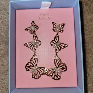 Pink Linen Butterfly Drop Earrings